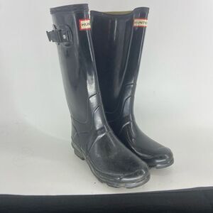 Hunter Women’s Black Gloss Round Toe Adjustable Rain Boots Size 7